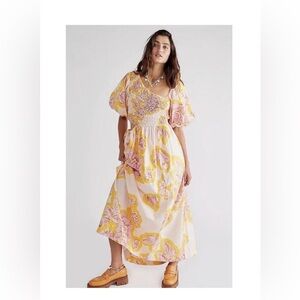 NEW Free People Kalina Printed Maxi Dress Puff Balloon Sleeves Resort